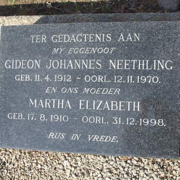NEETHLING Gideon Johannes 1912-1970 &amp; Martha Elizabeth 1910-1998