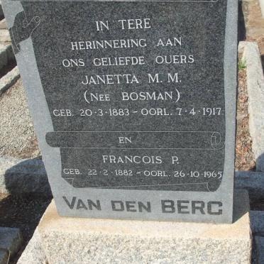BERG Francois P., van den 1882-1965 &amp; Janetta M.M. BOSMAN 1883-1917