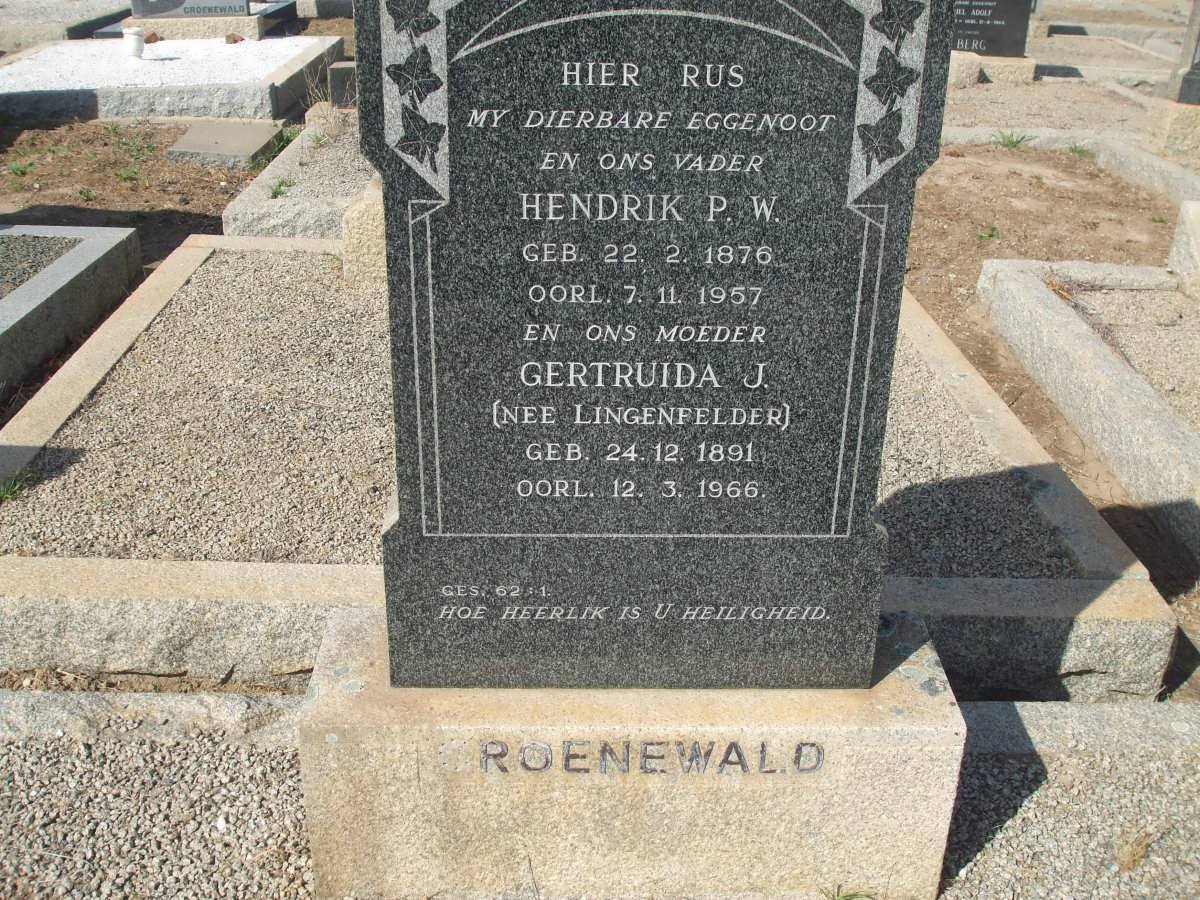 GROENEWALD Hendrik P.W. 1876-1957 &amp; Gertruida J. LINGENFELDER 1891-1966