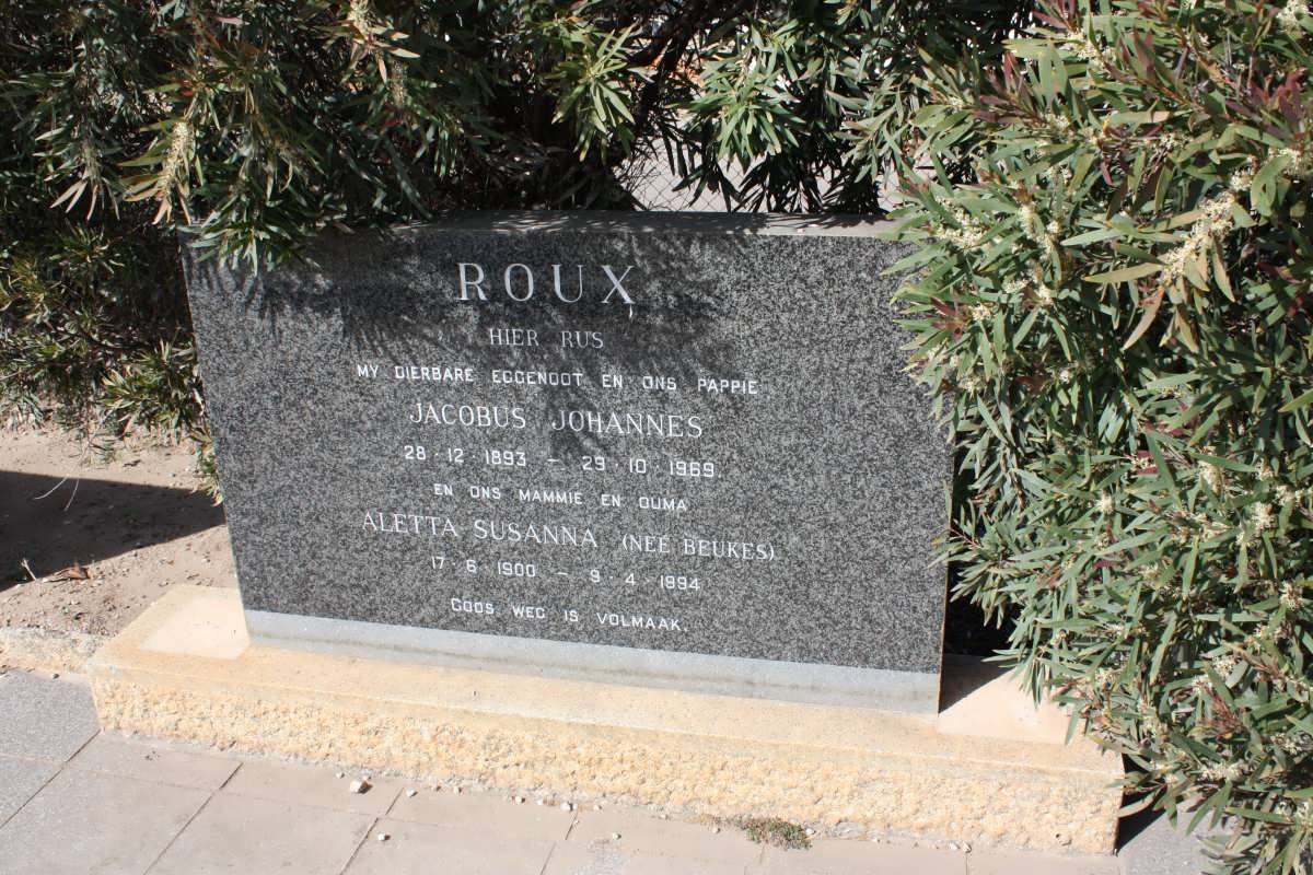 ROUX Jacobus Johannes 1893-1969 &amp; Aletta Susanna BEUKES 1900-1994
