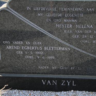 ZYL Arend Egbertus Bletterman, van 1902-1993 &amp; Hester Helena VAN DER MERWE 1899-1974