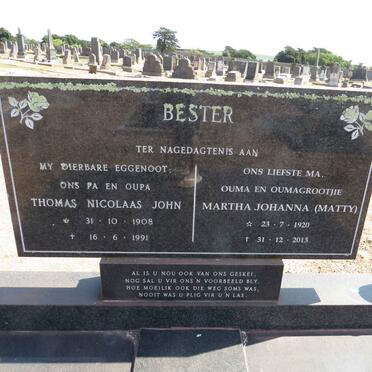 BESTER Thomas Nicolaas John 1908-1991 &amp; Martha Johanna 1920-2013