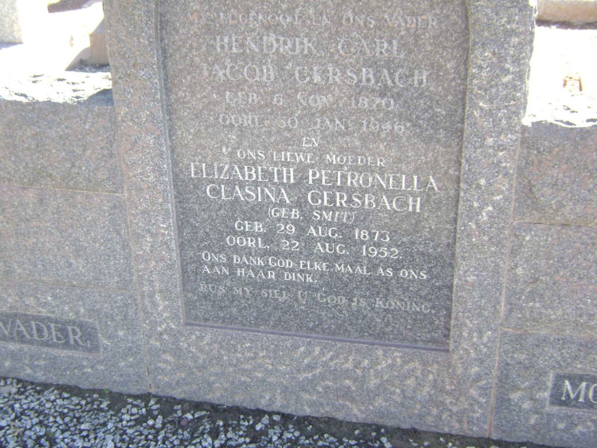 GERSBACH Hendrik Carl Jacob 1870-1946 &amp; Elizabeth Petronella Clasina SMIT 1873-1952