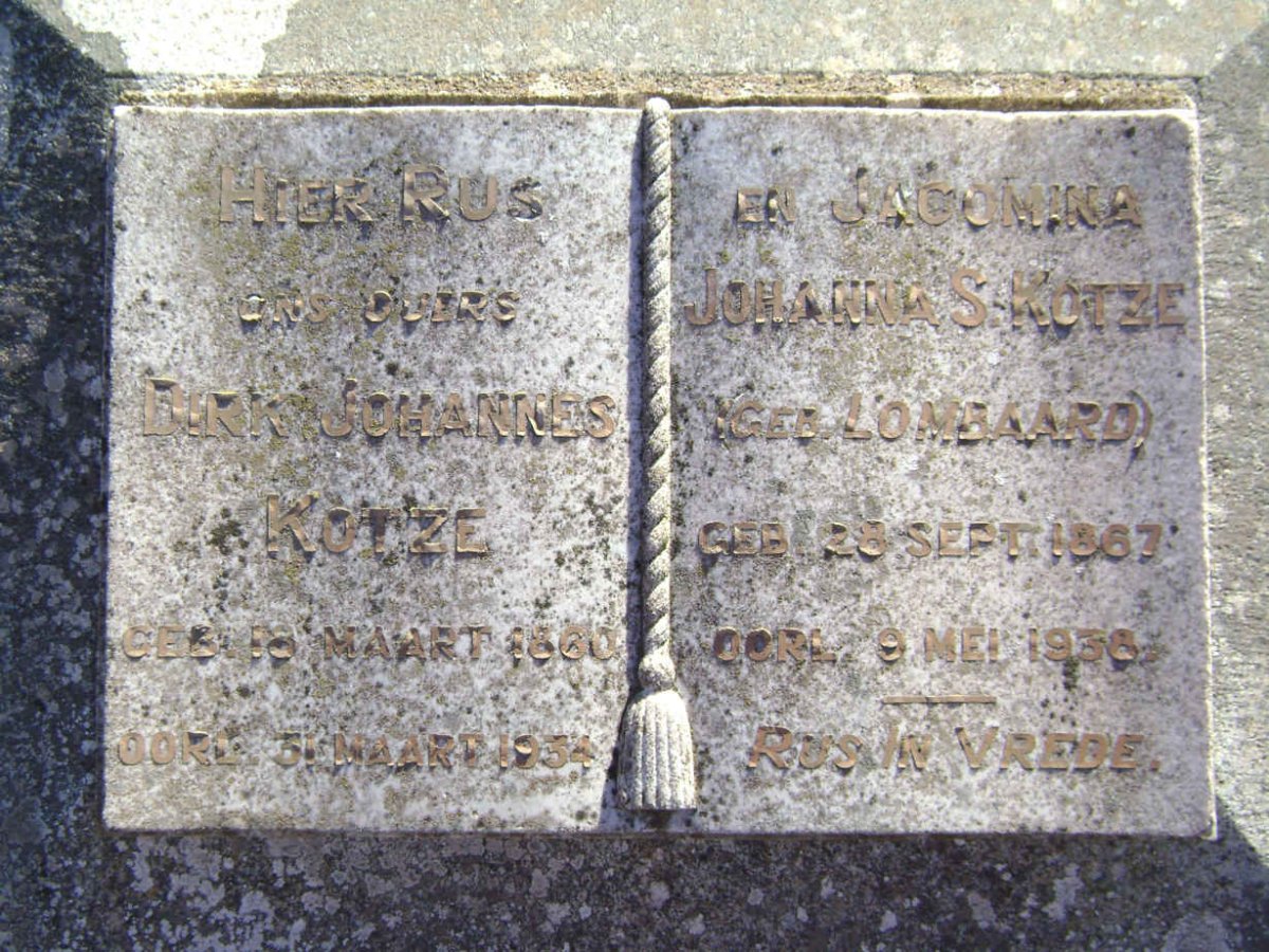 KOTZE Dirk Johannes 1860-1934 &amp; Johanna S. LOMBAARD 1867-1938