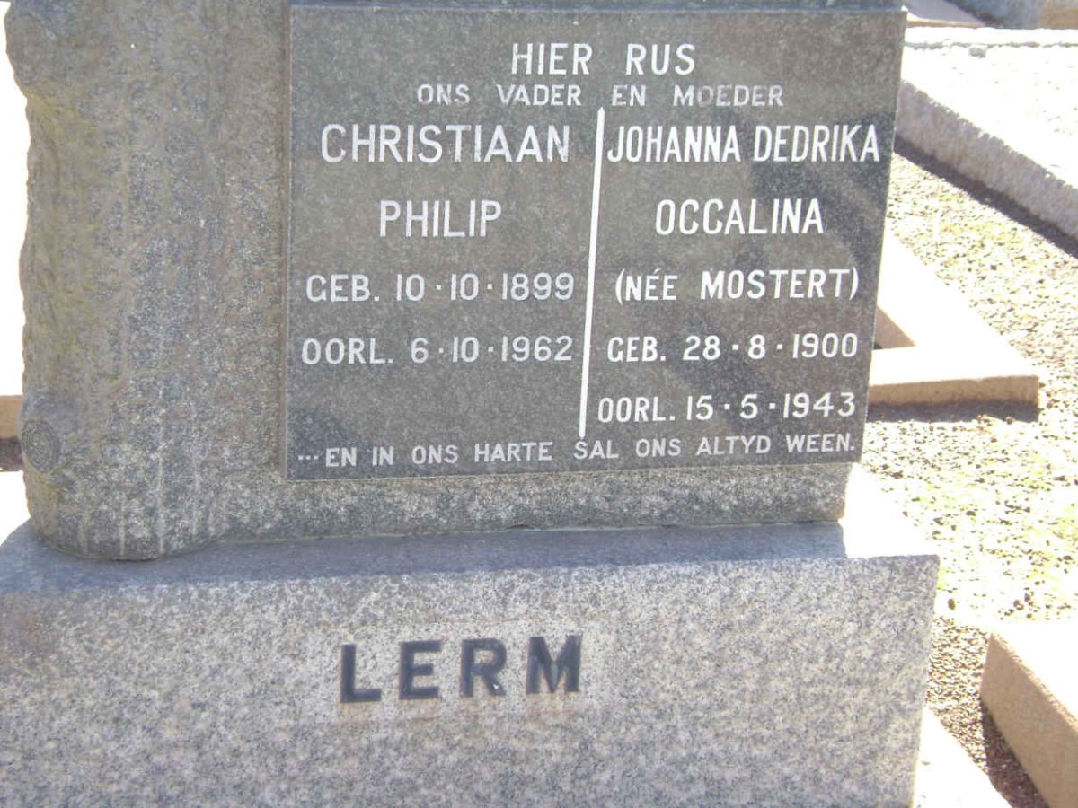 LERM Christiaan Philip 1899-1962 &amp; Johanna Dedrika Occalina MOSTERT 1900-1943
