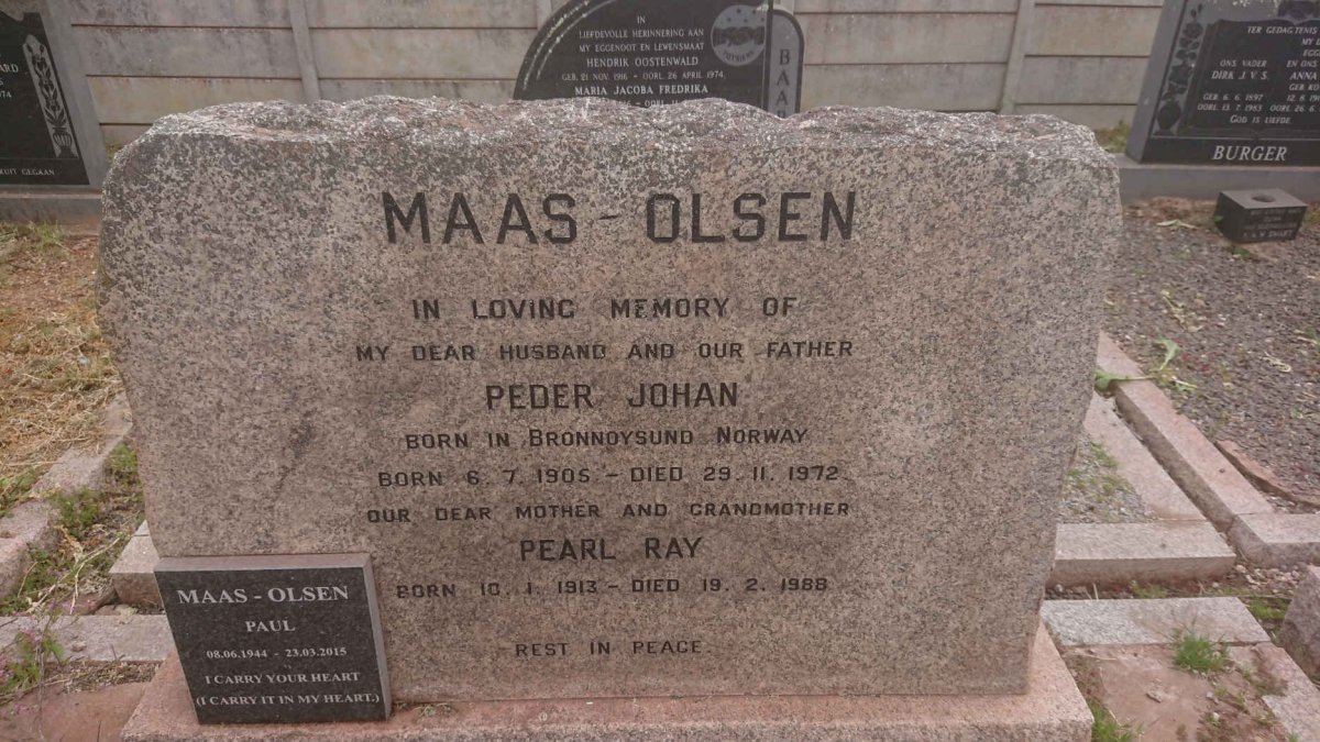 OLSEN Peder Johan, MAAS- 1905-1972 &amp; Pearl Ray 1913-1988