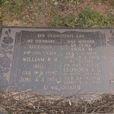 ? William R.B. 1896-1974 &amp; Anna M. 1902-1985 :: V.D. MERWE Leonora A.G. nee RAS 1931-1985
