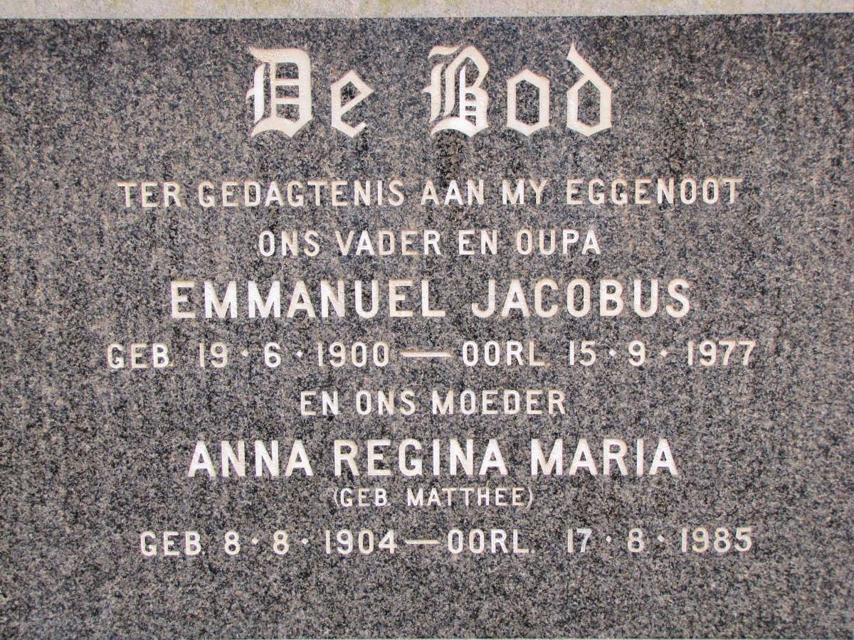 BOD Emmanuel Jacobus, de 1900-1977 &amp; Anna Regina Maria MATTHEE 1904-1985
