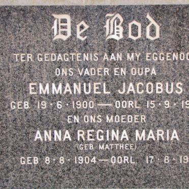 BOD Emmanuel Jacobus, de 1900-1977 &amp; Anna Regina Maria MATTHEE 1904-1985