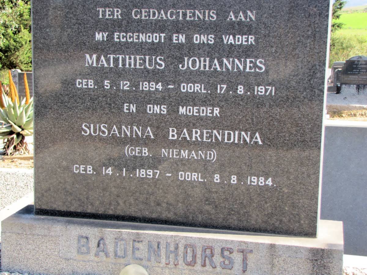 BADENHORST Mattheus Johannes 1894-1971 &amp; Susanna Barendina NIEMAND 1897-1984