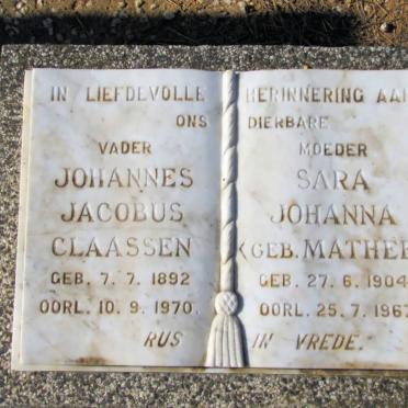 CLAASSEN Johannes Jacobus 1892-1970 &amp; Sara Johanna MATHEE 1904-1967