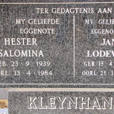 KLEYNHANS Jan Lodewyk 1936-1998 &amp; Hester Salomina 1939-1984