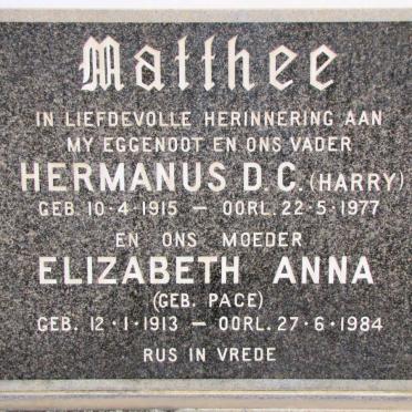 MATTHEE Hermanus D.C. 1915-1977 &amp; Elizabeth Anna PACE 1913-1984