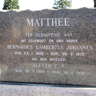 MATTHEE Bernardus Lambertus Johannes 1888-1972 &amp; Aletta C.F. 1889-1978