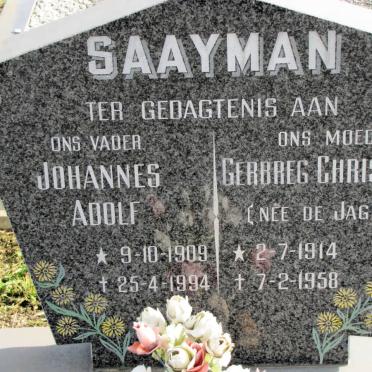 SAAYMAN Johannes Adolf 1909-1994 &amp; Gerbreg Christina de JAGER 1914-1958