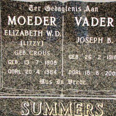 SUMMERS Joseph B. 1918-2001 &amp; Elizabeth W.D. CROUS 1908-1984