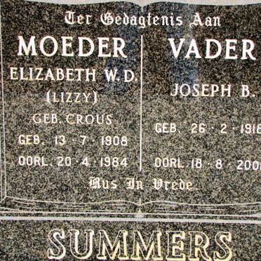 SUMMERS Joseph B. 1918-2001 &amp; Elizabeth W.D. CROUS 1908-1984