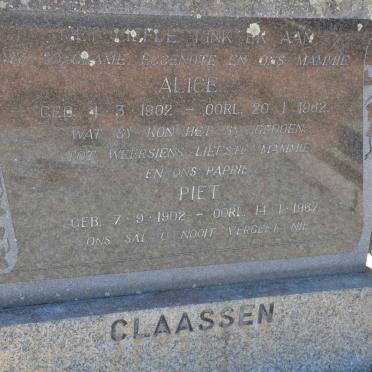 CLAASSEN Piet 1902-1967 &amp; Alice 1902-1962