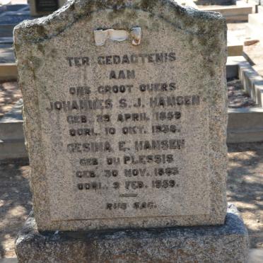 HANSEN Johannes S.J. 1859-1938 &amp; Gesina E. DU PLESSIS 1863-1959