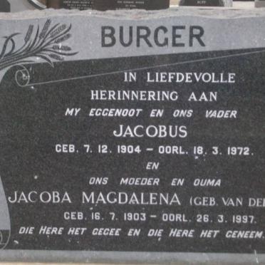 BURGER Jacobus 1904-1972 &amp; Jacoba Magdalena nee VAN DER MERWE 1903-1997