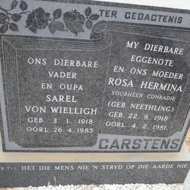 CARSTENS Sarel von Wielligh 1918-1985 &amp; Rosa Hermina voorheen CONRADIE nee NEETHLING 1918-1981