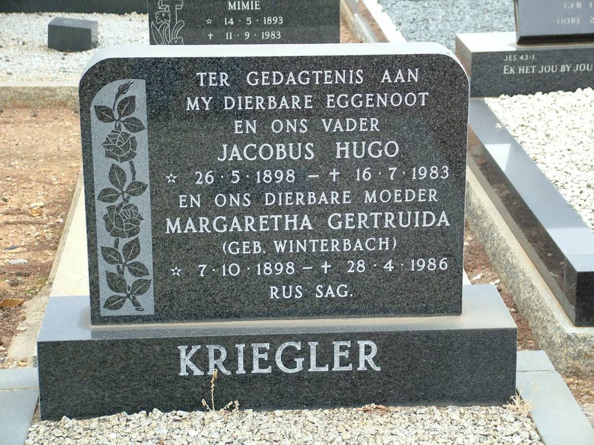 KRIEGLER Jacobus Hugo 1898-1983 &amp; Margaretha Gertruida WINTERBACH 1898-1986