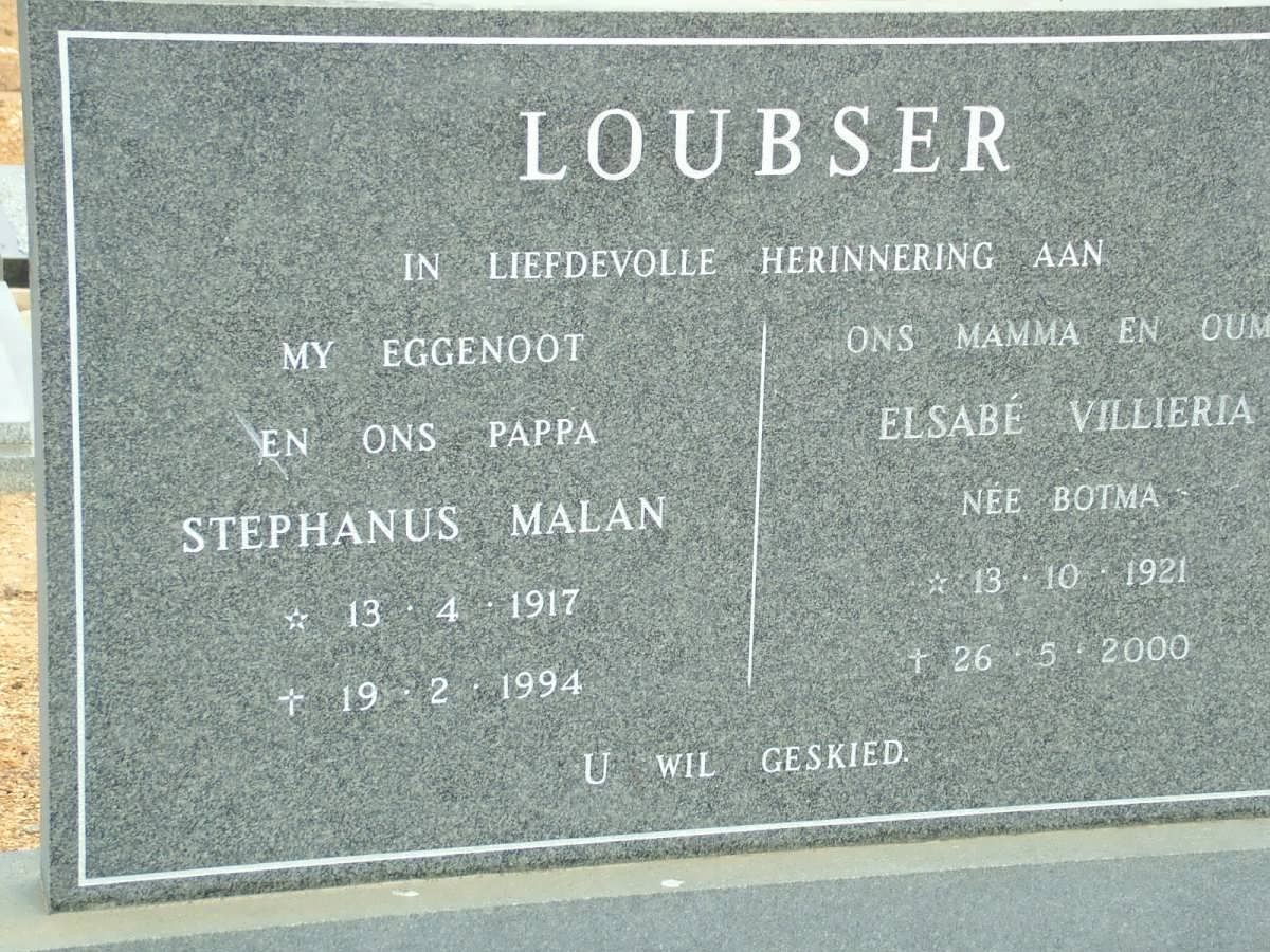 LOUBSER Stephanus Malan 1917-1994 &amp; Elsabé Villieria BOTMA 1921-2000