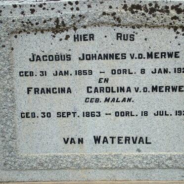 MERWE Jacobus Johannes, van der 1859-1928 &amp; Francina Carolina MALAN 1863-1929