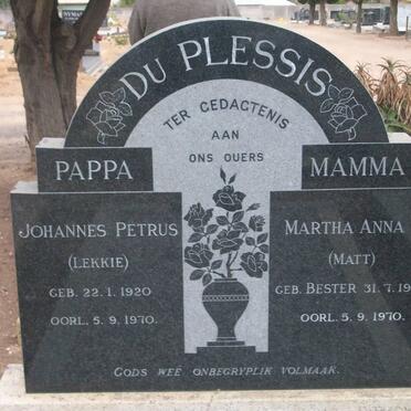 PLESSIS Johannes Petrus, du 1920-1970 &amp; Martha Anna J. BESTER 1920-1970