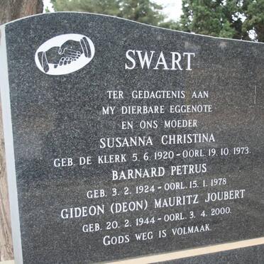 SWART Barnard Petrus 1924-1978 &amp; Susanna Christina DE KLERK 1924- 1973 :: SWART Gideon Mauritz Joubert  1944-2000