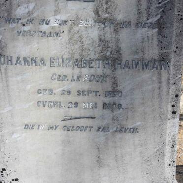 HAMMAN Johanna Elizabeth nee LE ROUX 1850-1909