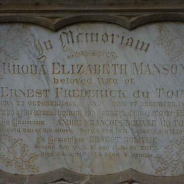 TOIT Rhoda Elizabeth nee MANSON, du 1852-1877 :: DU TOIT Andre Francois Bolivar 1871-1877 :: DU TOIT Ernest Bolivar 1874-1874