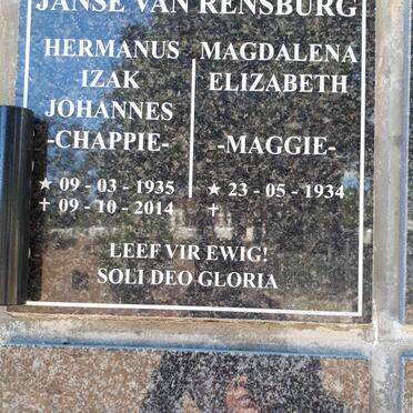 RENSBURG Hermanus Izak Johannes, Janse van 1935-2014 &amp; Magdalena Elizabeth 1934-