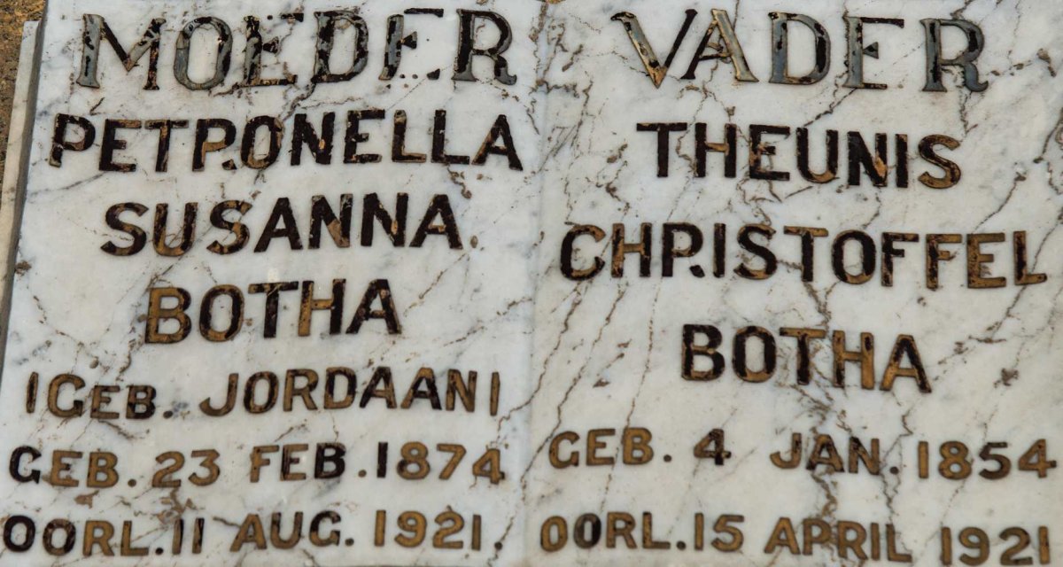 BOTHA Theunis Christoffel 1854-1921 &amp; Petronella Susanna JORDAAN 1874-1921