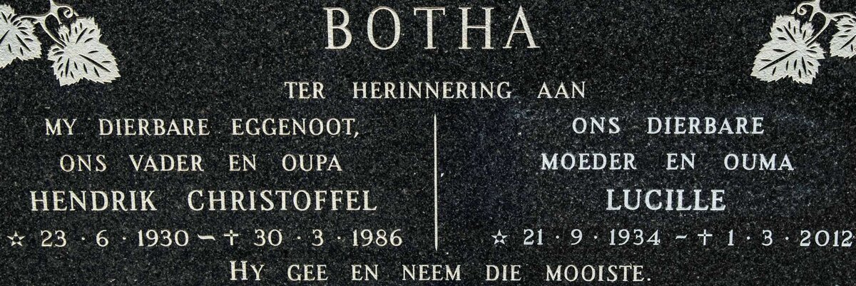 BOTHA Hendrik Christoffel 1930-1986 &amp; Lucille 1934-2012