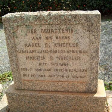 KRIEGLER Karel G. 1870-1944 &amp; Martha E. VISSER 1866-1935