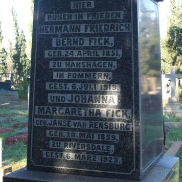 FICK Hermann Friedrich Bernd 1851-1919 & Johanna Margaretha JANSE VAN RENSBURG 1859-1923