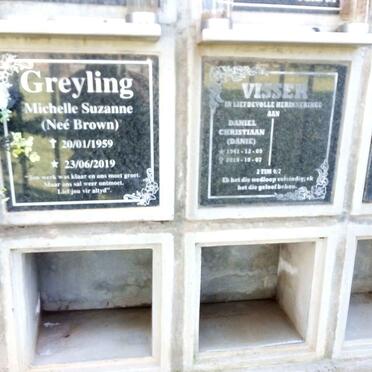 GREYLING Michelle Suzanne nee BROWN 1959-2019 :: VISSER Daniel Christiaan 1941-201?