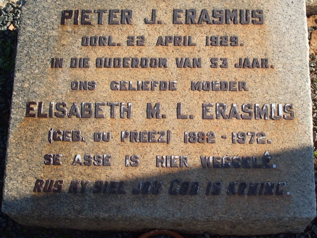 ERASMUS Pieter J. -1929 &amp; Elizabeth M.L. DU PREEZ 1882-1972
