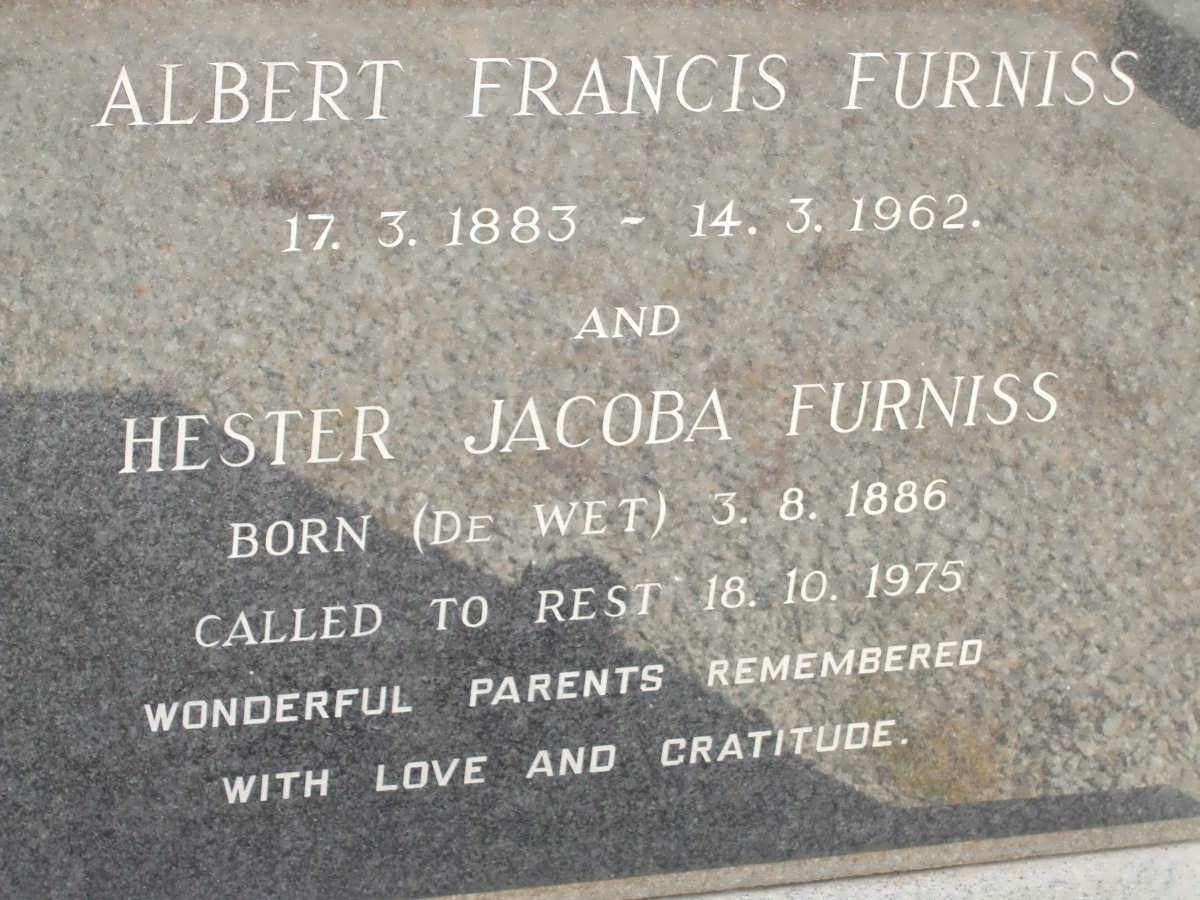 FURNISS Albert Francis 1883-1962 &amp; Hester Jacoba DE WET 1886-1975