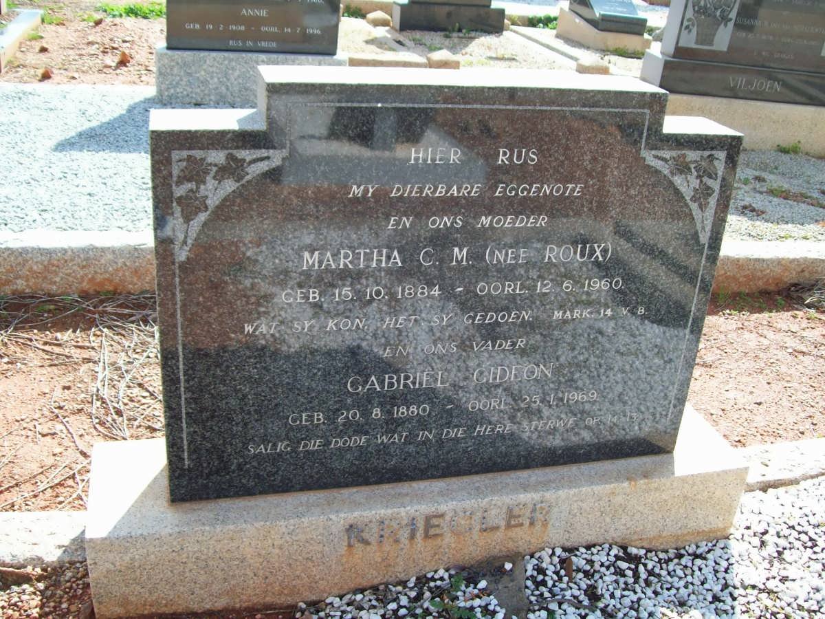 KRIEGLER Gabriel Gideon 1880-1969 &amp; Martha C.M. ROUX 1884-1960