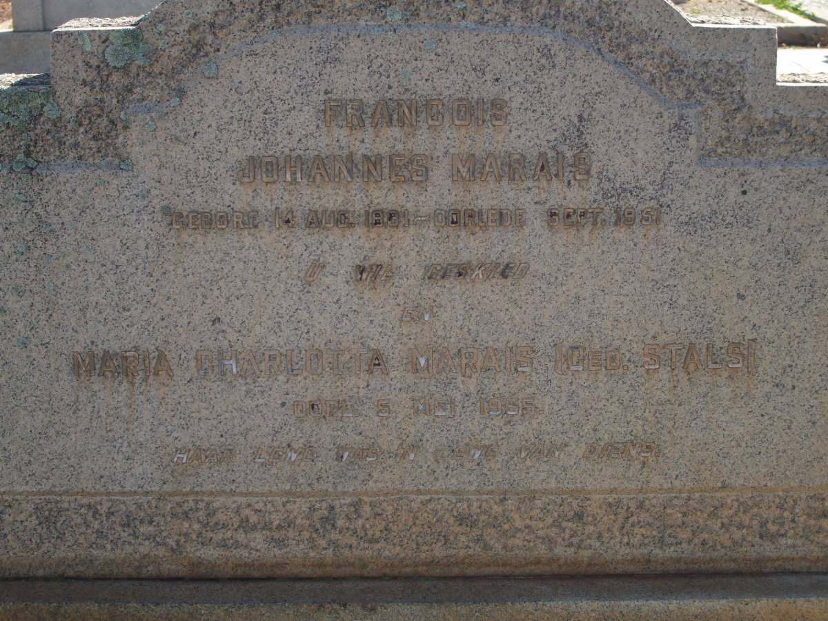 MARAIS Francois Johannes 1881-1951 &amp; Maria Charlotta STALS -1955