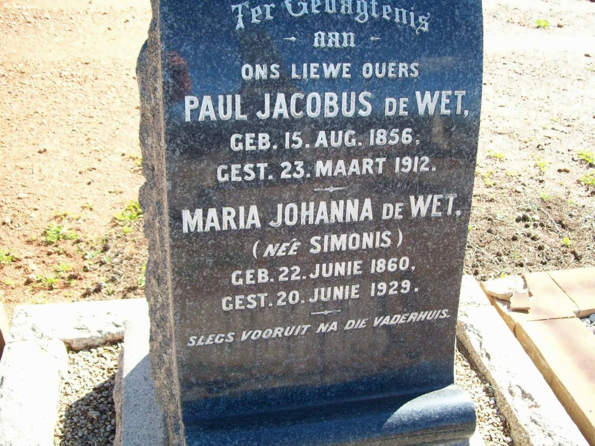 WET Paul Jacobus, de 1856-1912 &amp; Maria Johanna SIMONIS 1860-1929