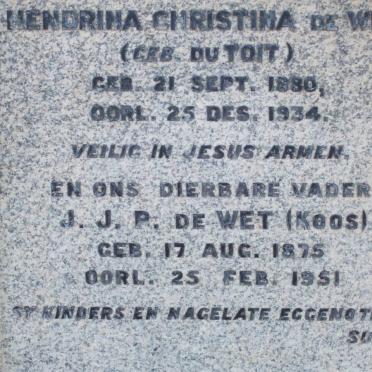 WET J.J.P., de 1875-1951 &amp; Hendrina Christina DU TOIT 1880-1934