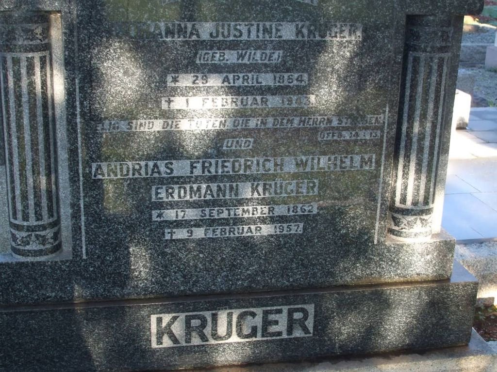 KRUGER Andrias Friedrich Wilhelm Erdman 1862-1957 &amp; Johanna Justine WILDE 1864-1943