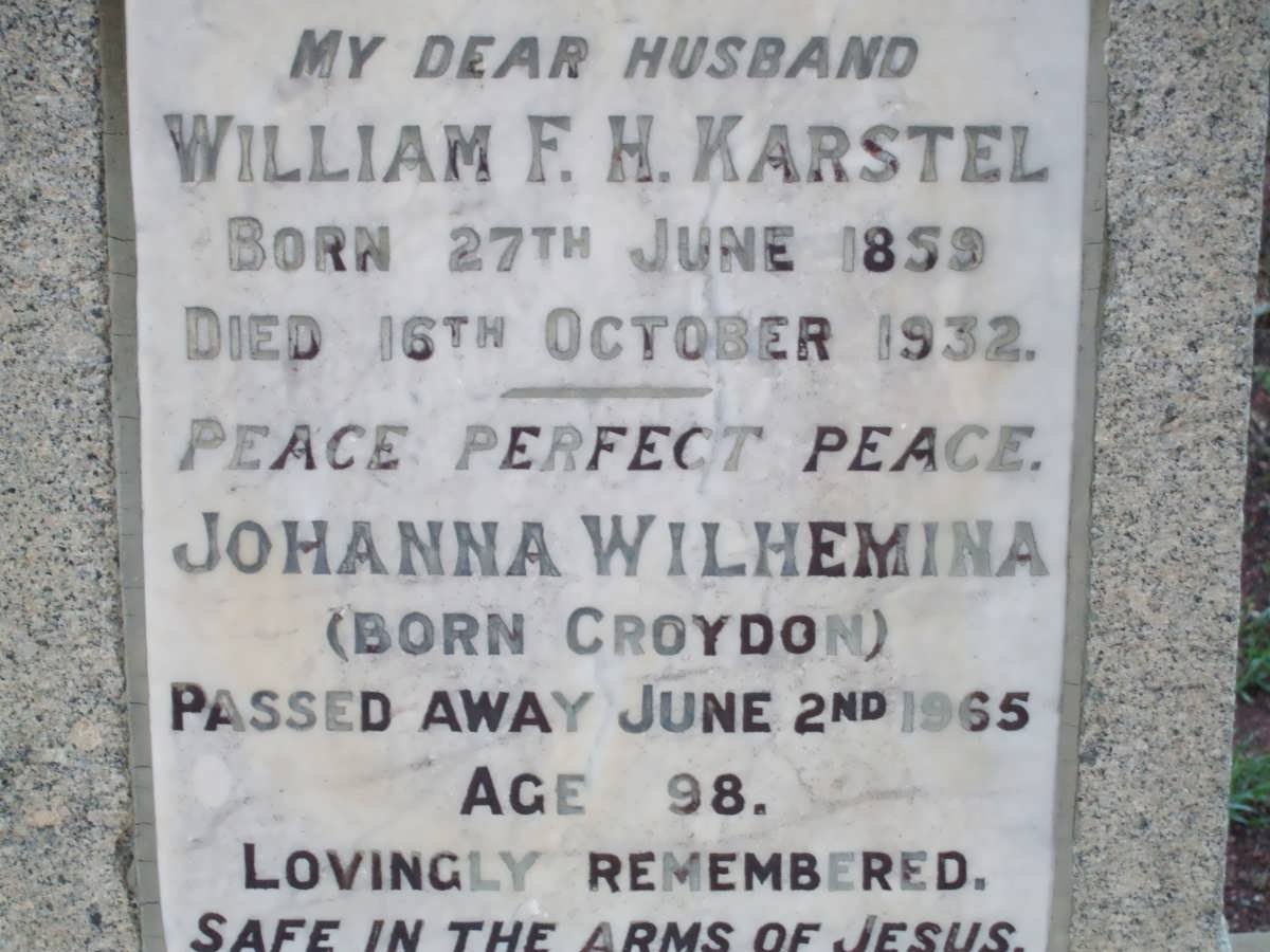 KARSTEL William F.H. 1859-1932 & Johanna Wilhelmina CROYDON -1965