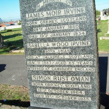 IRVINE James Moir 1860-1934 :: IRVINE Isabella Wood nee OMAN -1947 :: OMAN Simon Rust 1864-1935