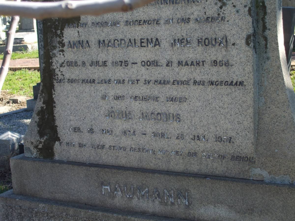 HAUMANN Jozua Jacobus 1874-1957 &amp; Anna Magdalena ROUX 1875-1956
