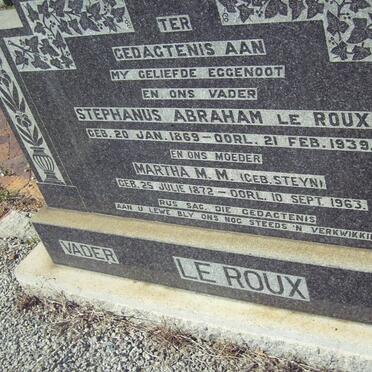 ROUX Stephanus Abraham, le 1869-1939 &amp; Martha M.M. STEYN 1872-1963
