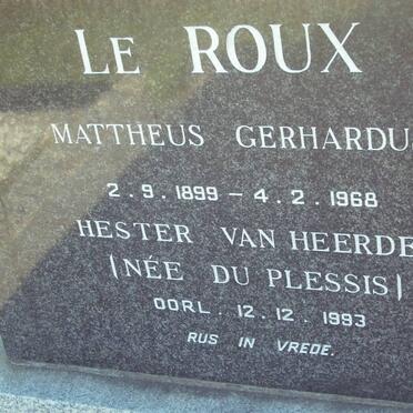 ROUX Mattheus Gerhardus, le 1899-1968 &amp; Hester van Heerden DU PLESSIS -1993
